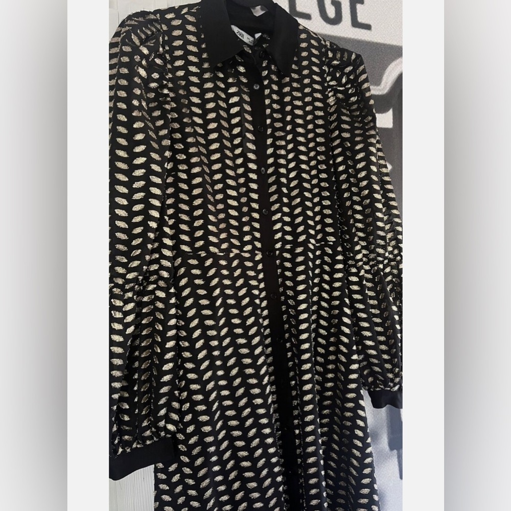 Zara Puff Long Lantern Sleeve Gold Leaf On Black Maxi Dress XS - Picture 11 of 16